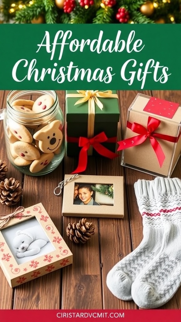A collection of affordable Christmas gifts on a wooden table, including cookies, a photo frame, and socks, surrounded by holiday decorations.